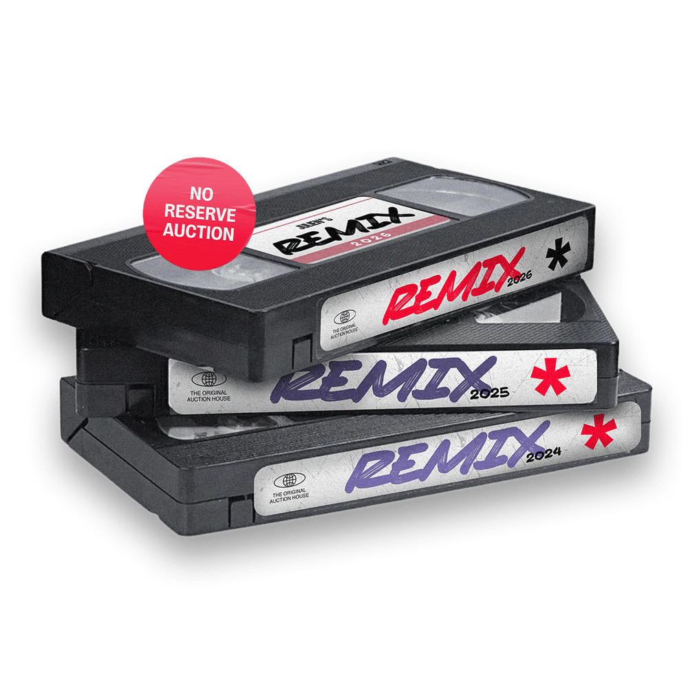 Three stacked VHS tapes labeled "REMIX 2026," "REMIX 2025," and "REMIX 2024," with a red "NO RESERVE AUCTION" sticker on the top tape.