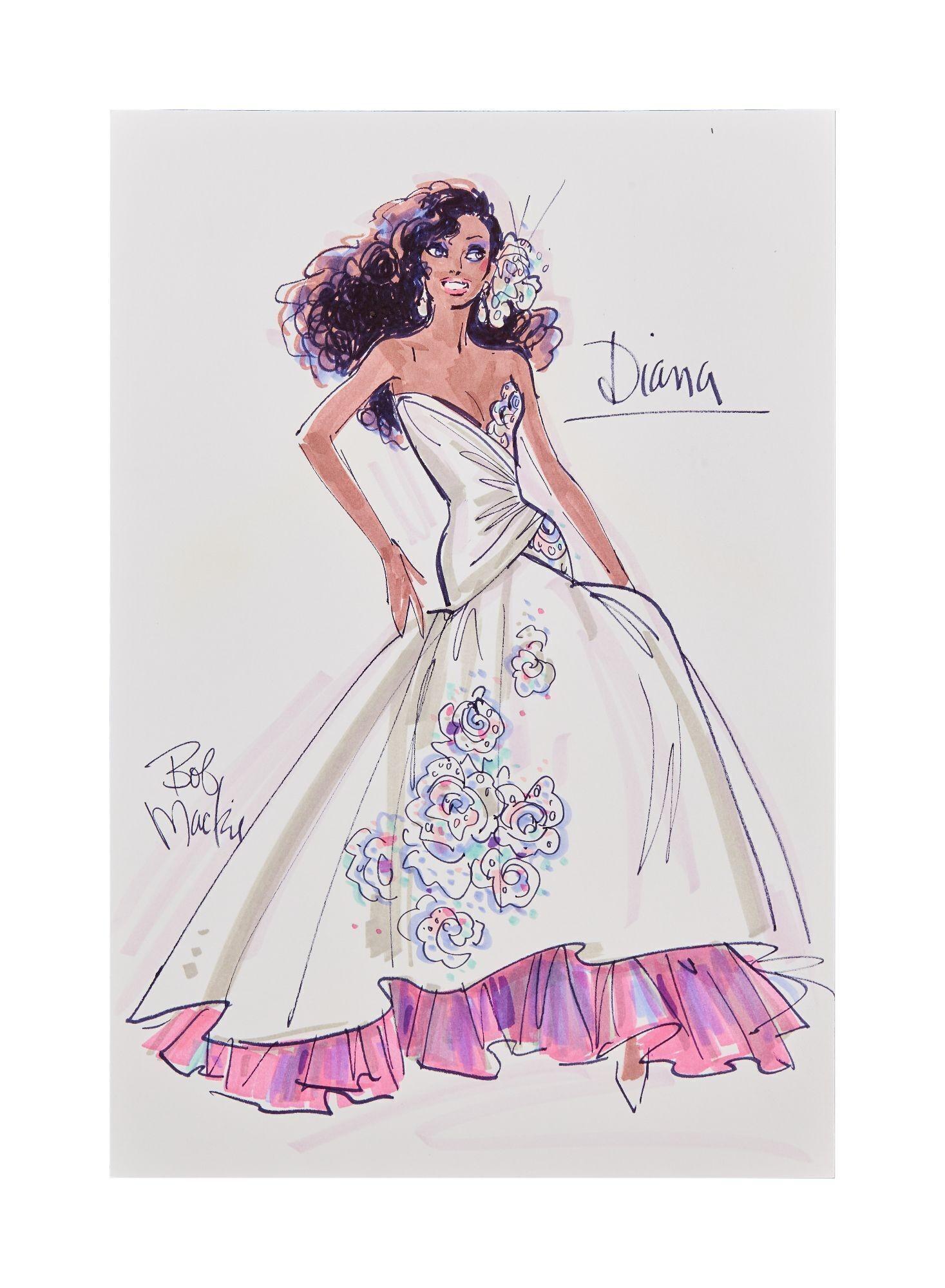 Lot #16. Diana Ross | Bob Mackie Signed 2020 Doll Conceptual Illustration a drawing of a woman in a wedding dress with the name diana on it