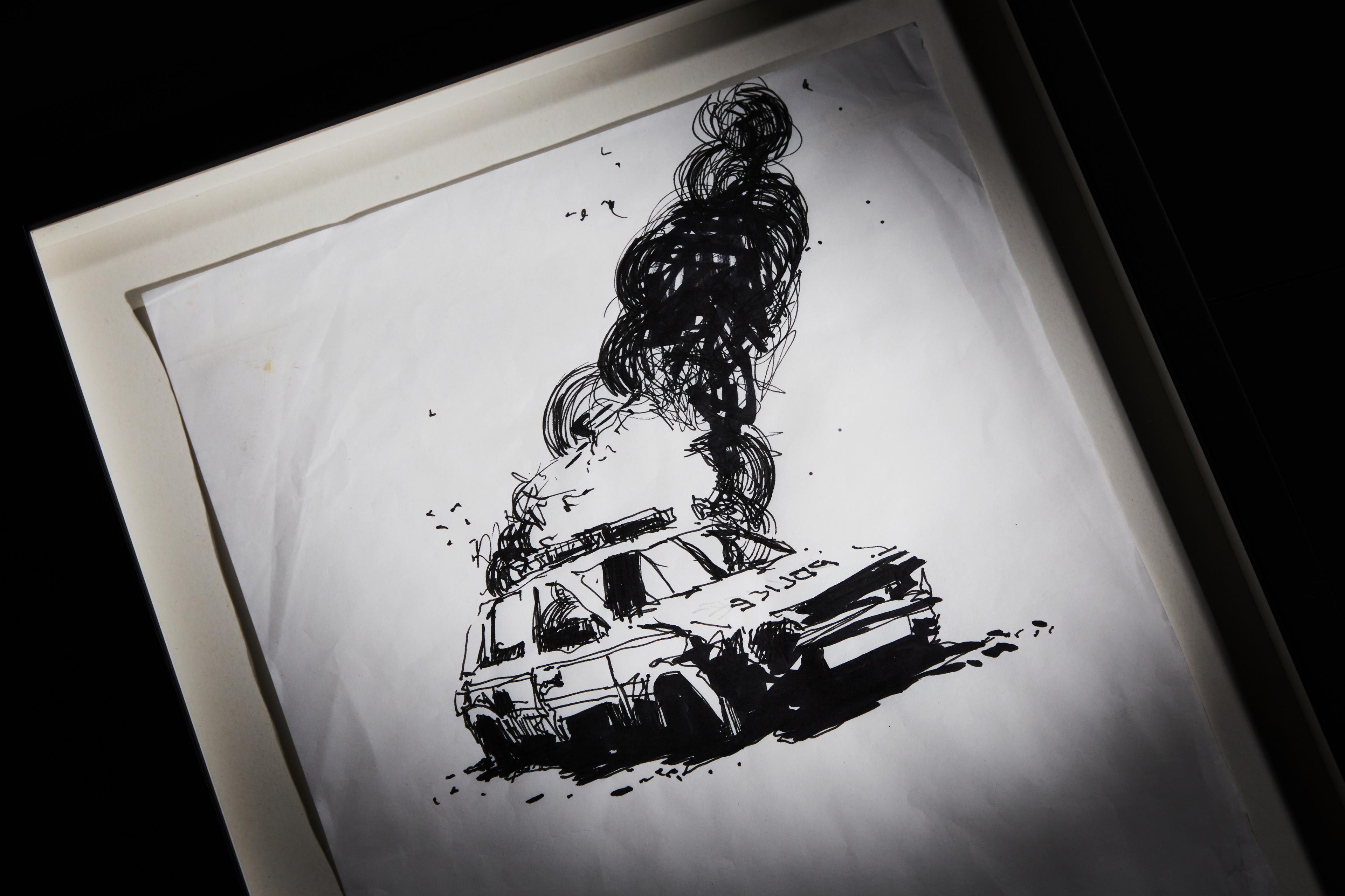 a black and white drawing of a police car with smoke coming out of it .