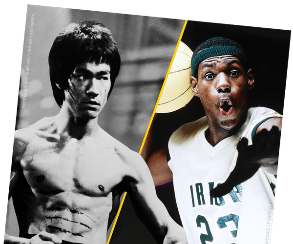 a black and white photo of bruce lee and lebron james