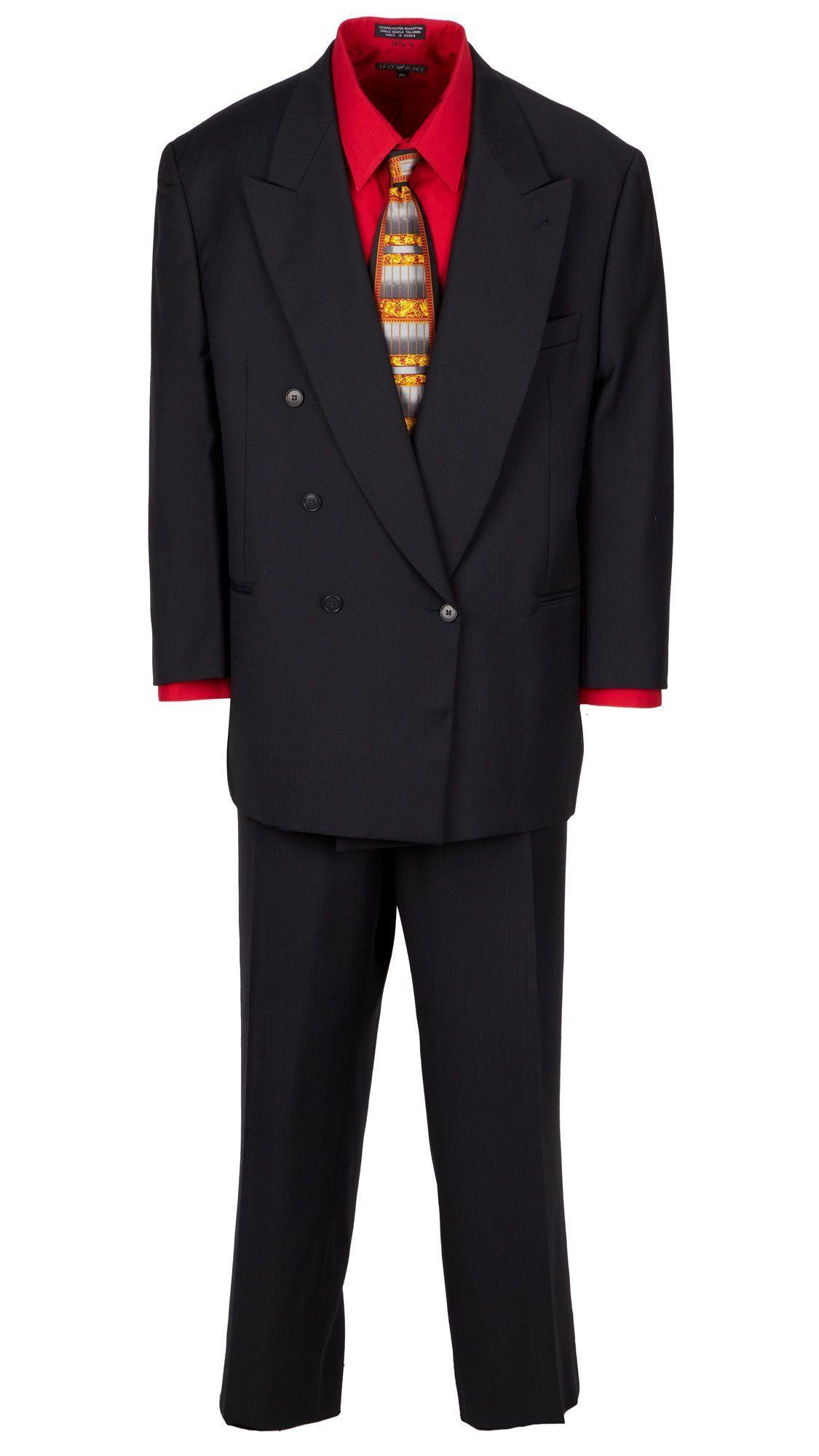 a black suit with red dress shirt