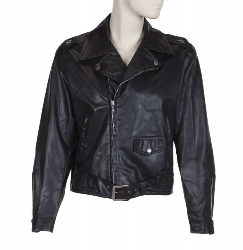 a black leather jacket is on a mannequin on a white background