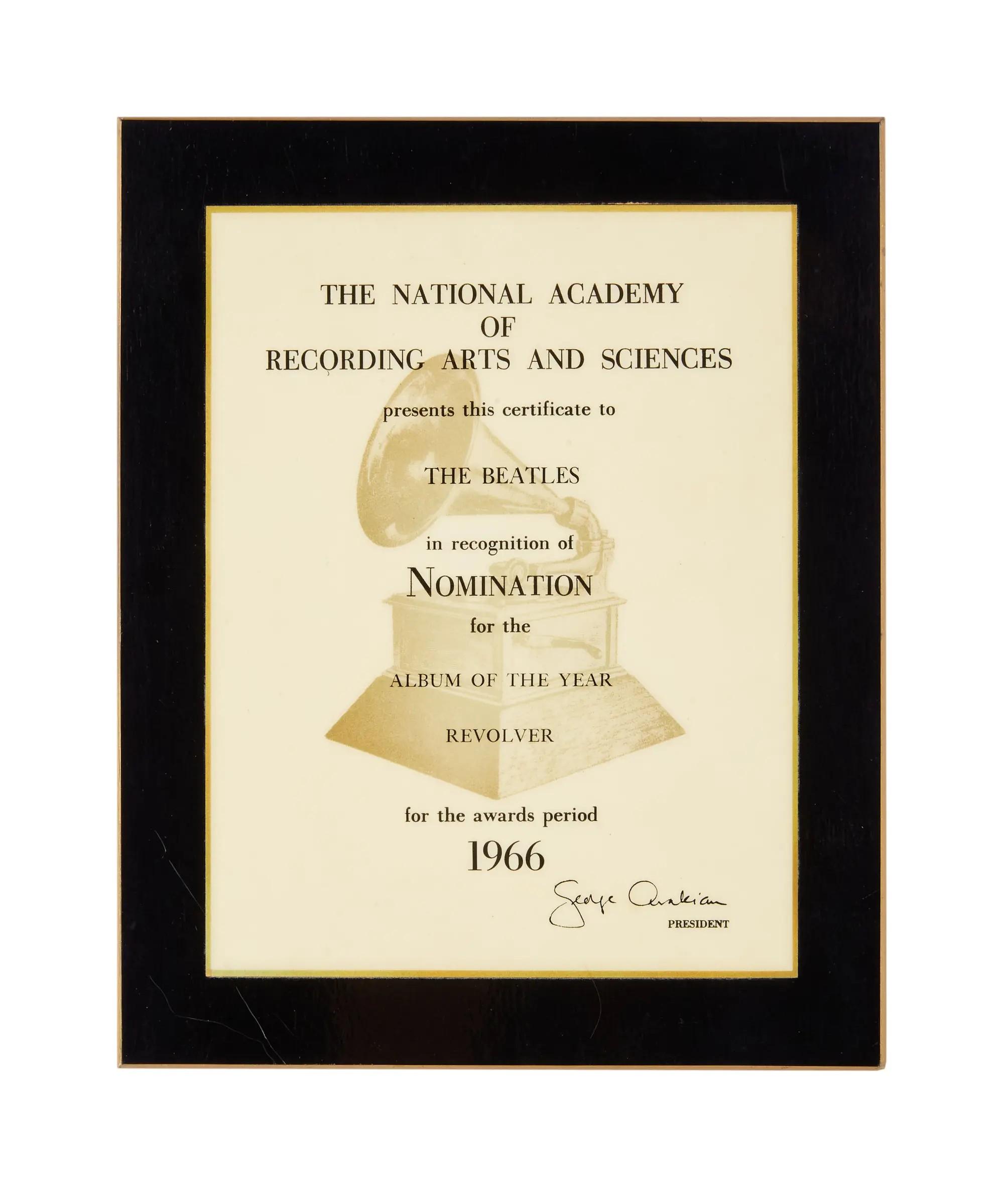 a beatles grammy nomination plaque