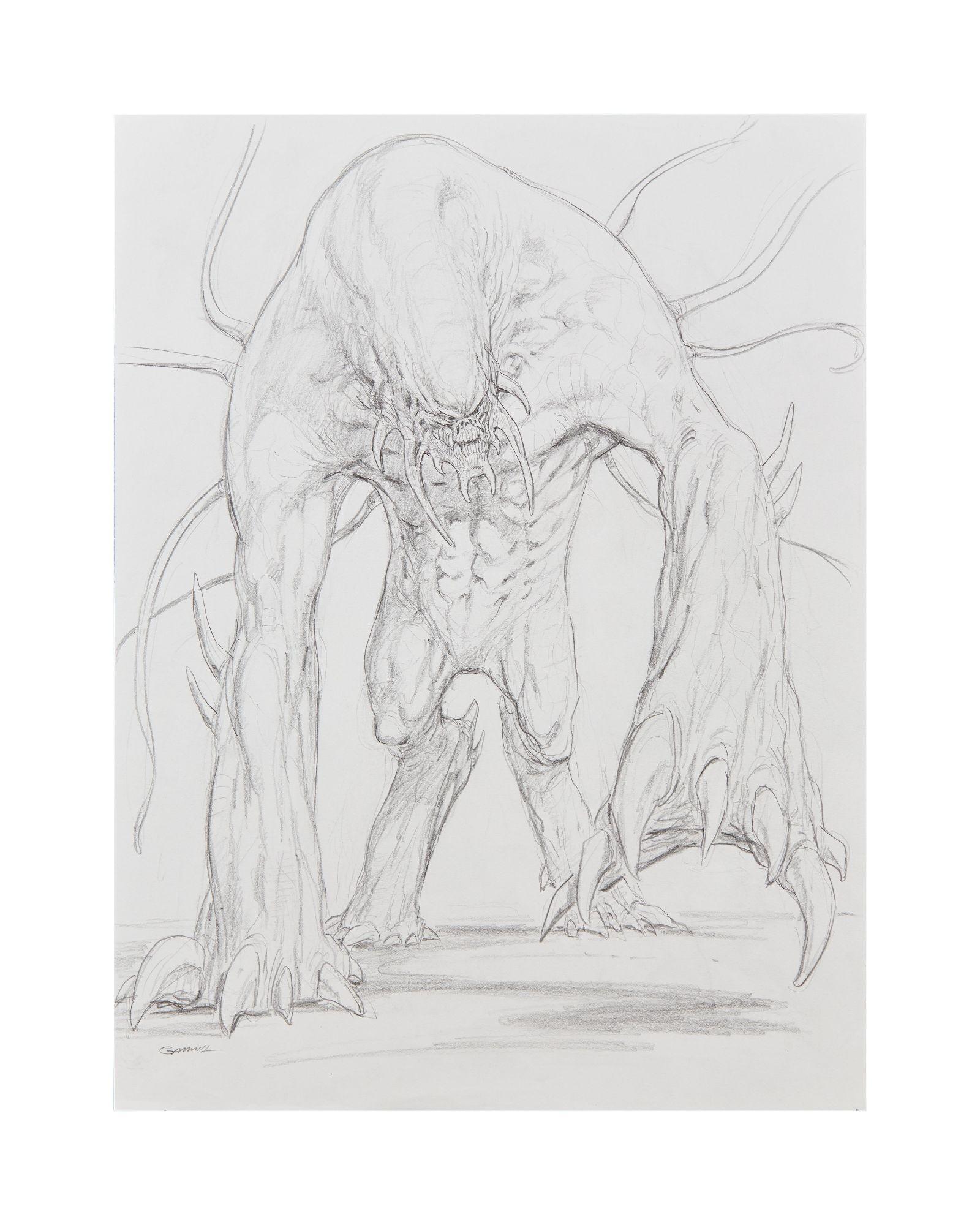 Lot #234. Superman Lives | Kerry Gammill "Doomsday" Concept Artwork a black and white drawing of a monster on a white background .