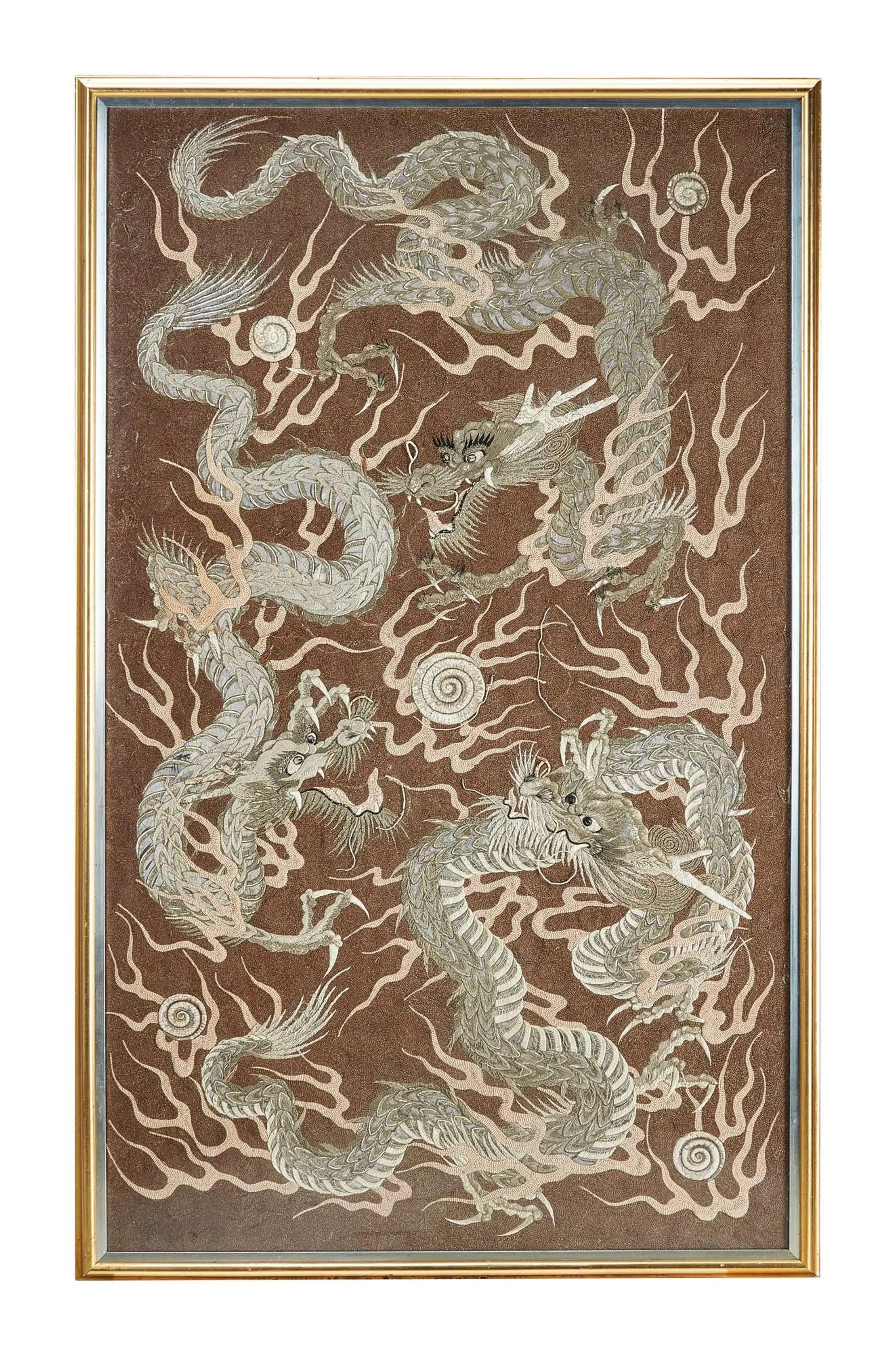 Lot #311. Anna Strasberg | Framed Vintage Chinese Silk Embroidery Dragon Panel