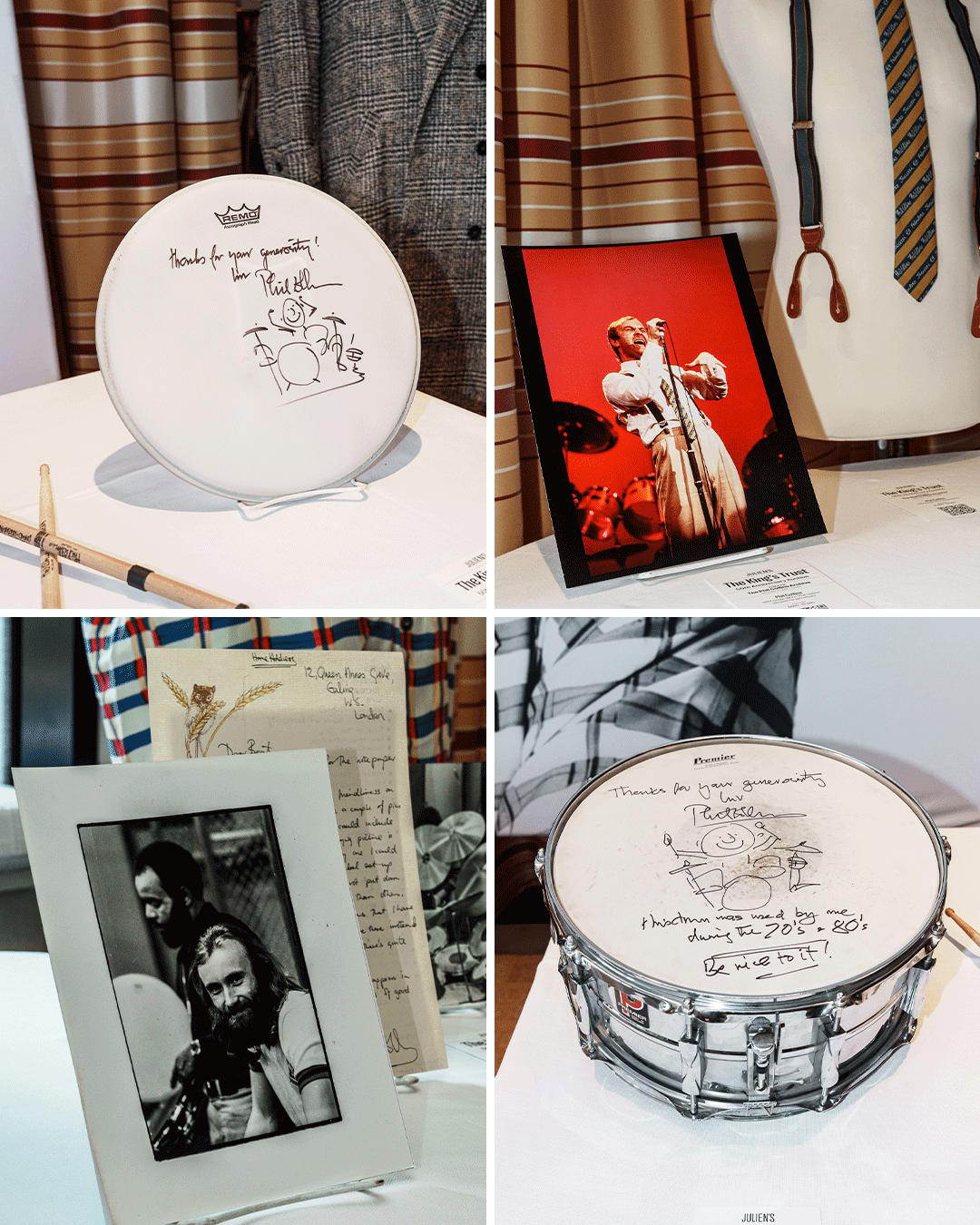 signed drumheads and photos of phil collins