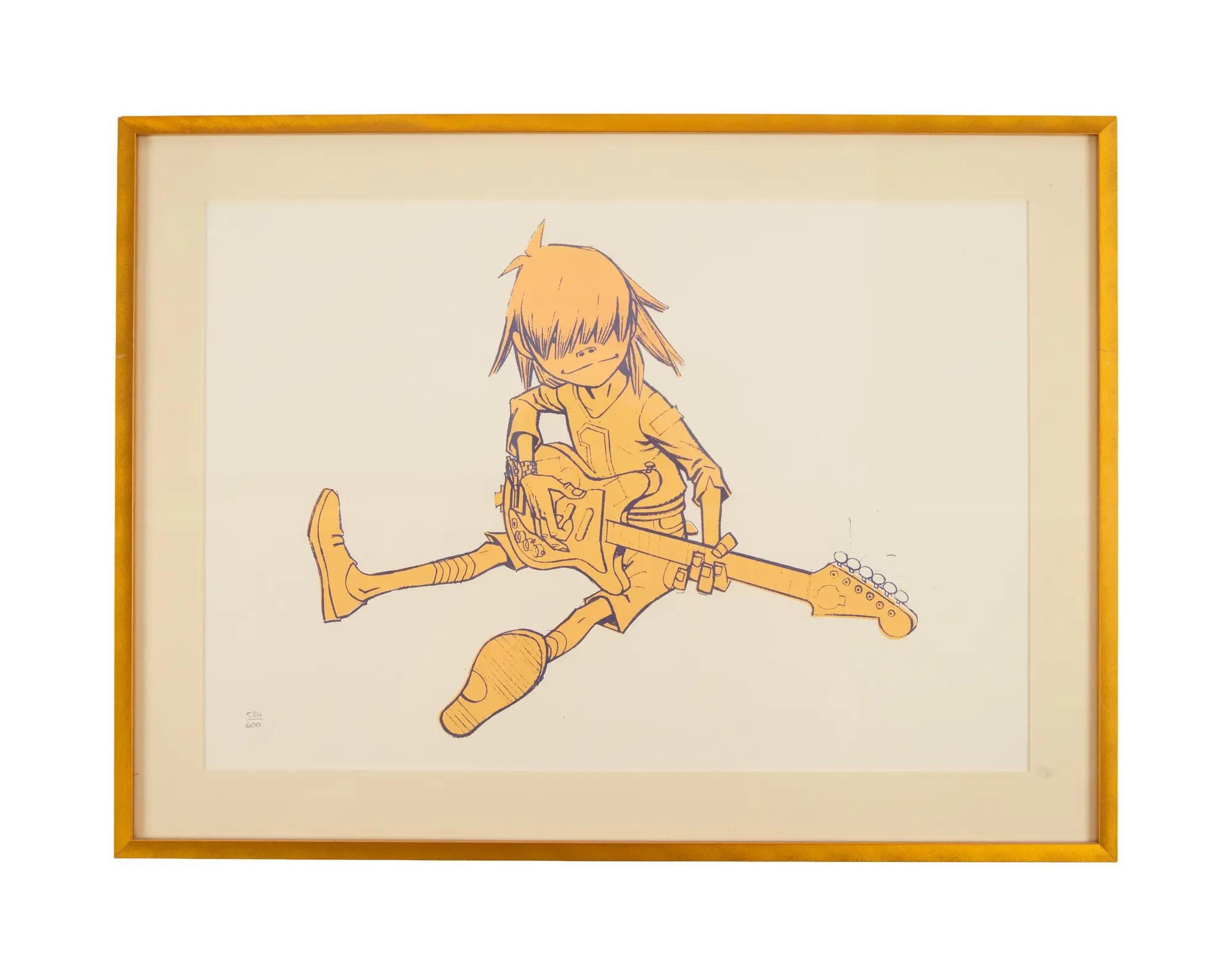 Framed orange and dark line drawing of Gorillaz character Noodle playing an electric guitar.