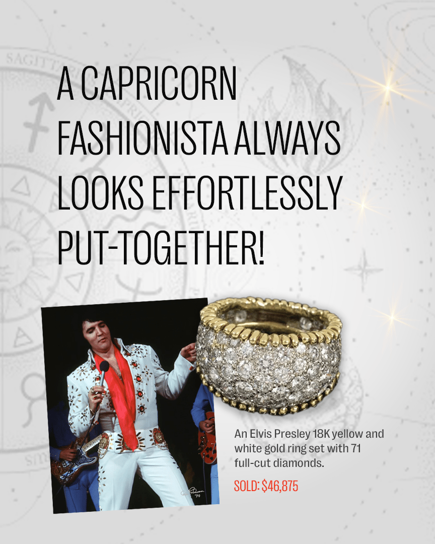 an elvis presley 18k yellow and white gold ring set with 71 full-cut diamonds sold for $ 46,875