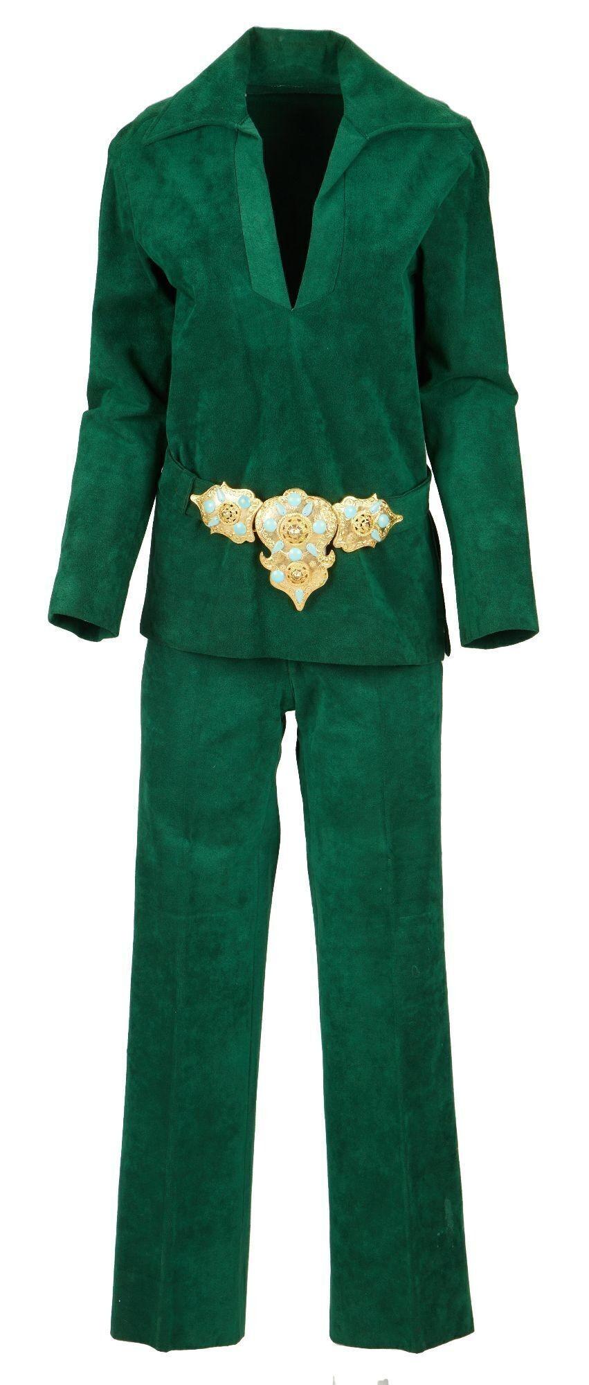 Lot #39. Sonny Bono | The Sonny and Cher Show Emerald Green Ultra Suede Ensemble a green jacket and pants with a gold belt