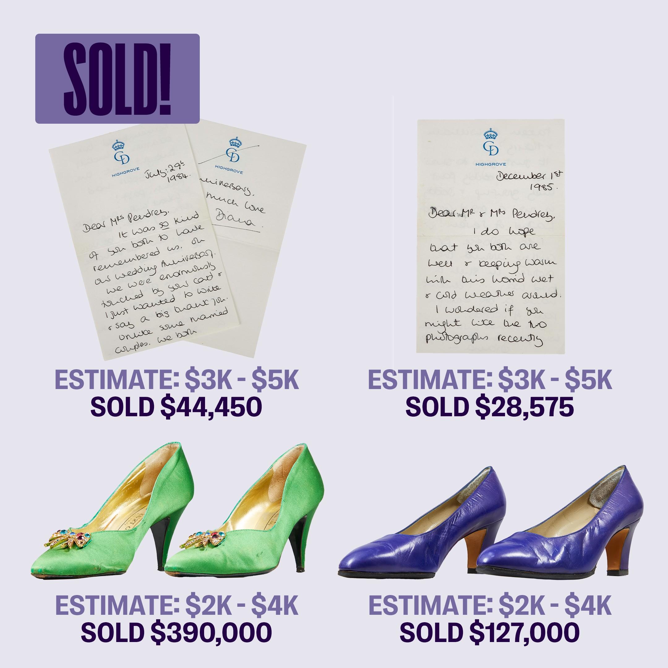 a pair of green shoes and a pair of purple shoes are being sold .