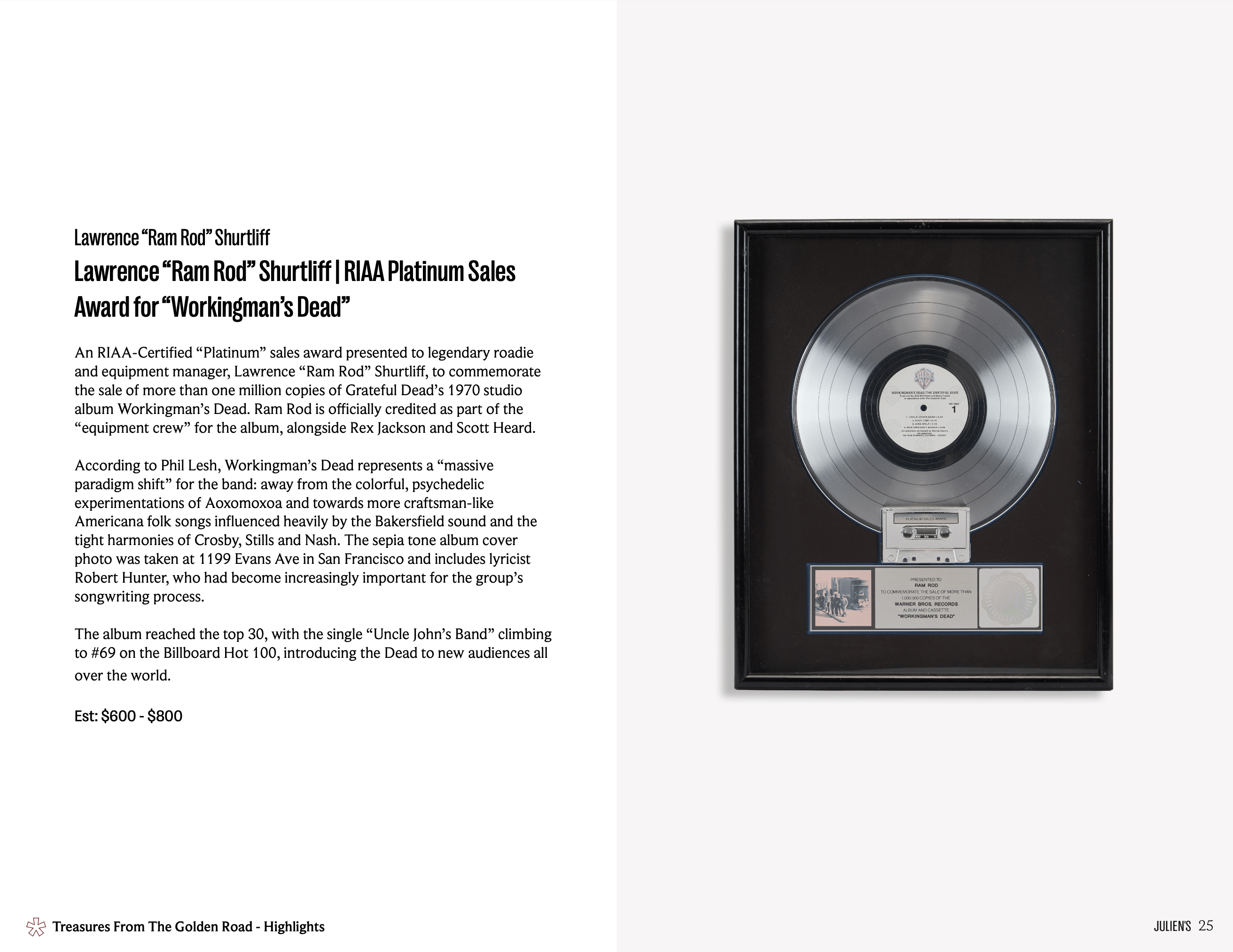 ram rod riaa platinum sales award for workingman's dead