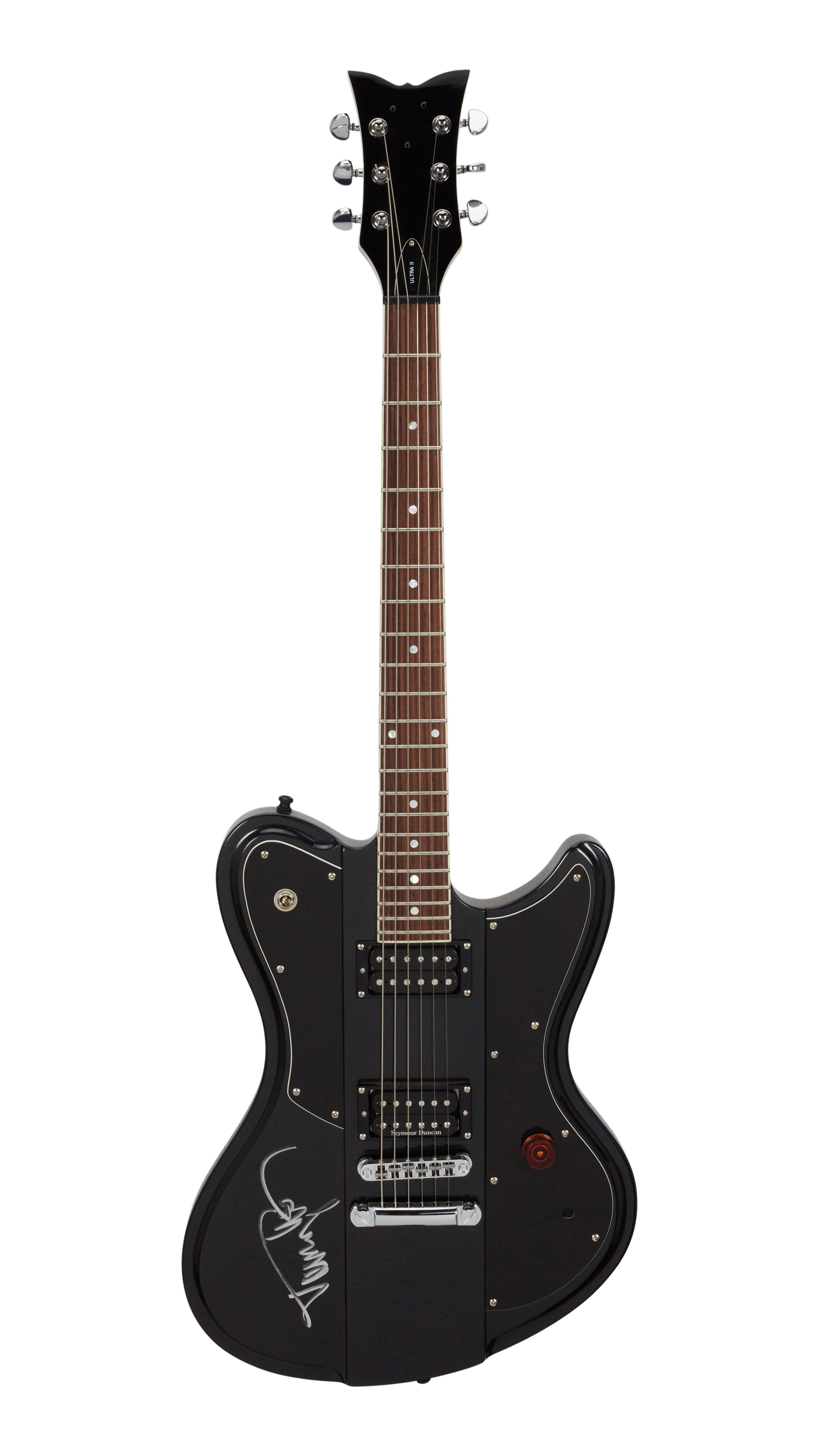 a signed black bass guitar