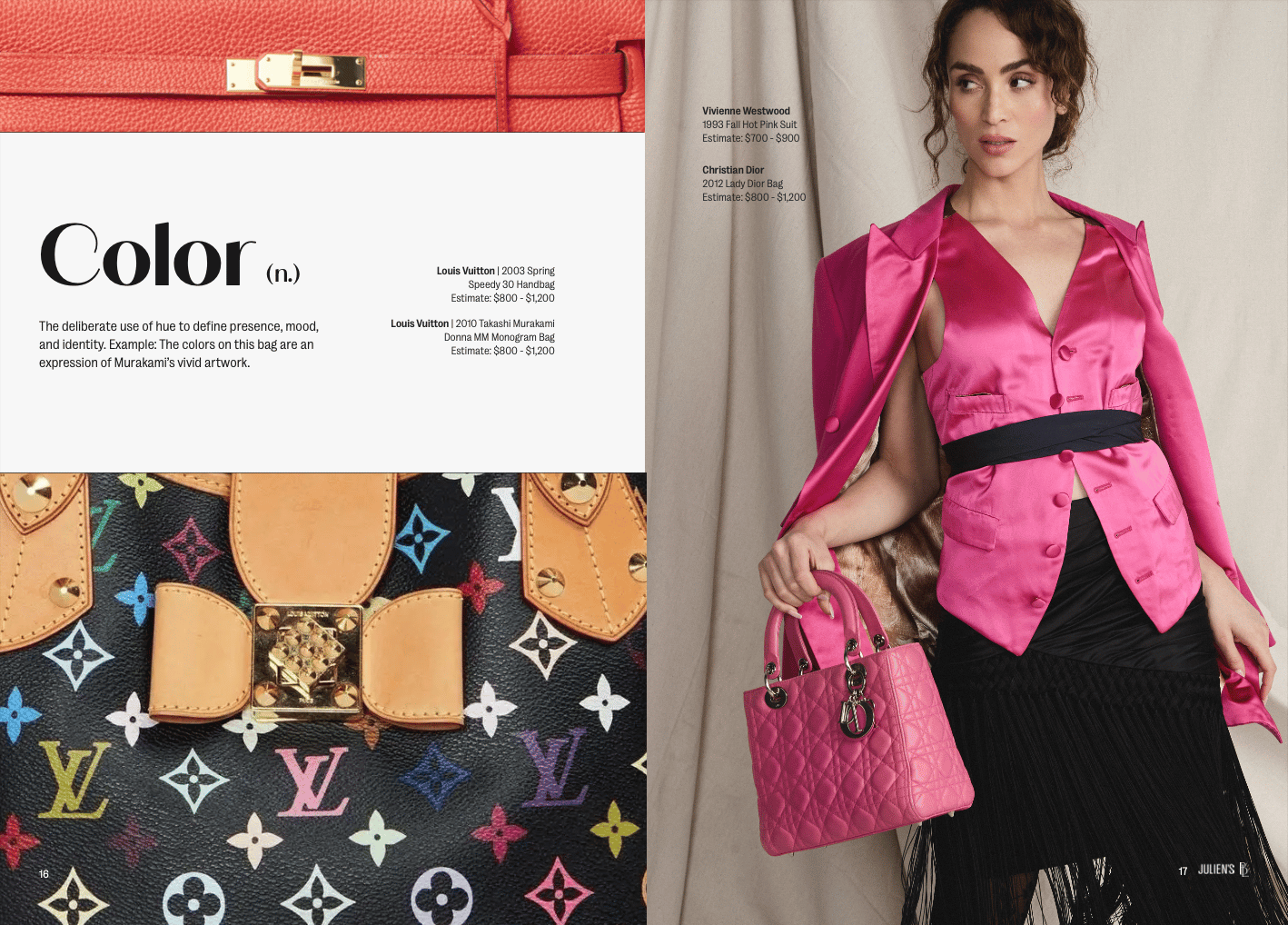 a model is wearing a hot pink jacket and vest while holding a pink handbag