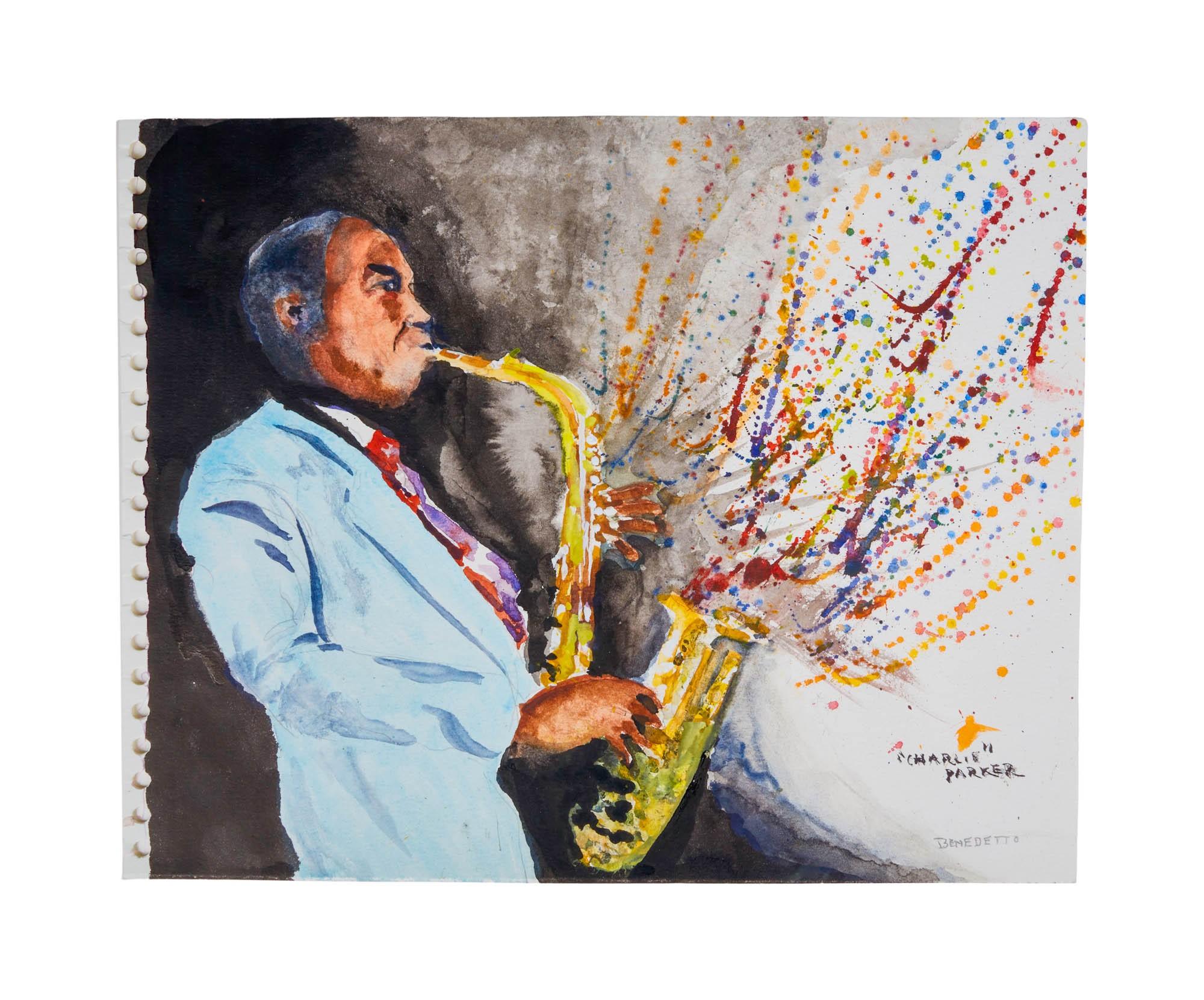it is a painting of a man playing a saxophone .