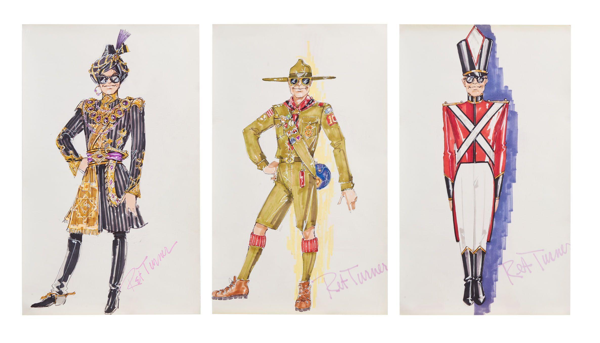 Lot #366. Elton John | Ret Turner Costume Illustrations and Tour Poster colorful sketches of bob mackie costumes