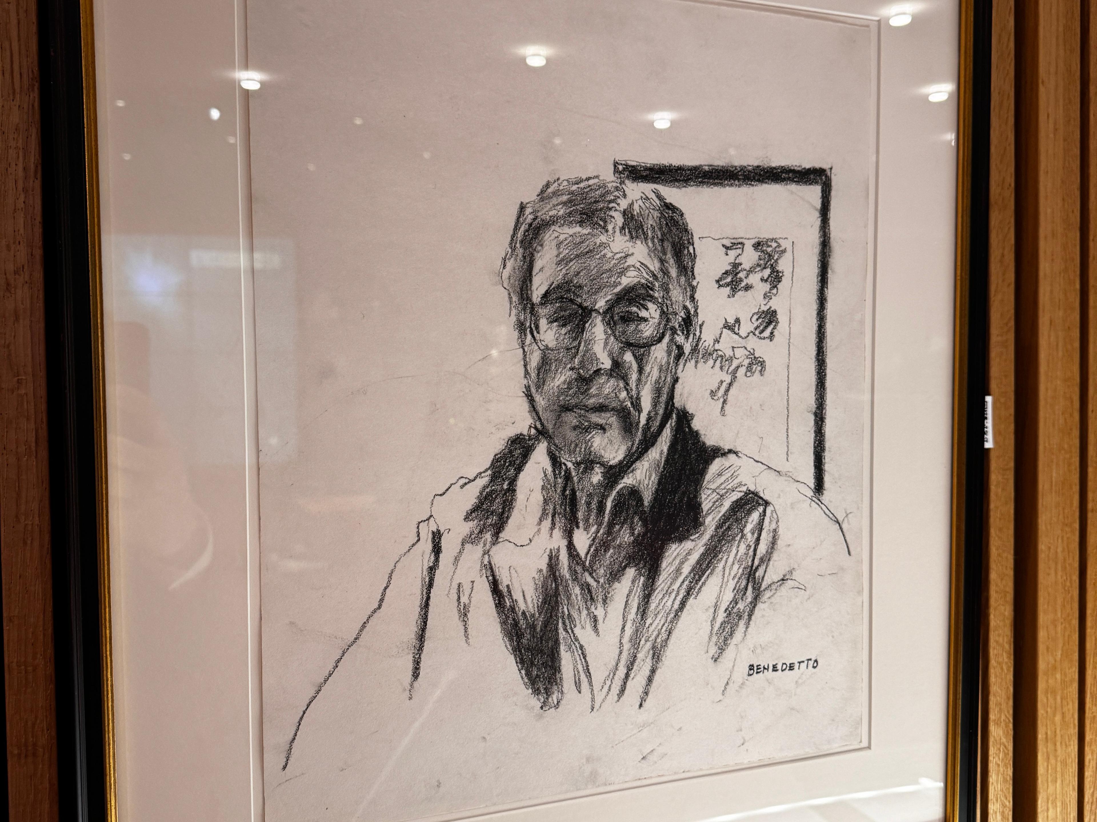A framed black and white drawing