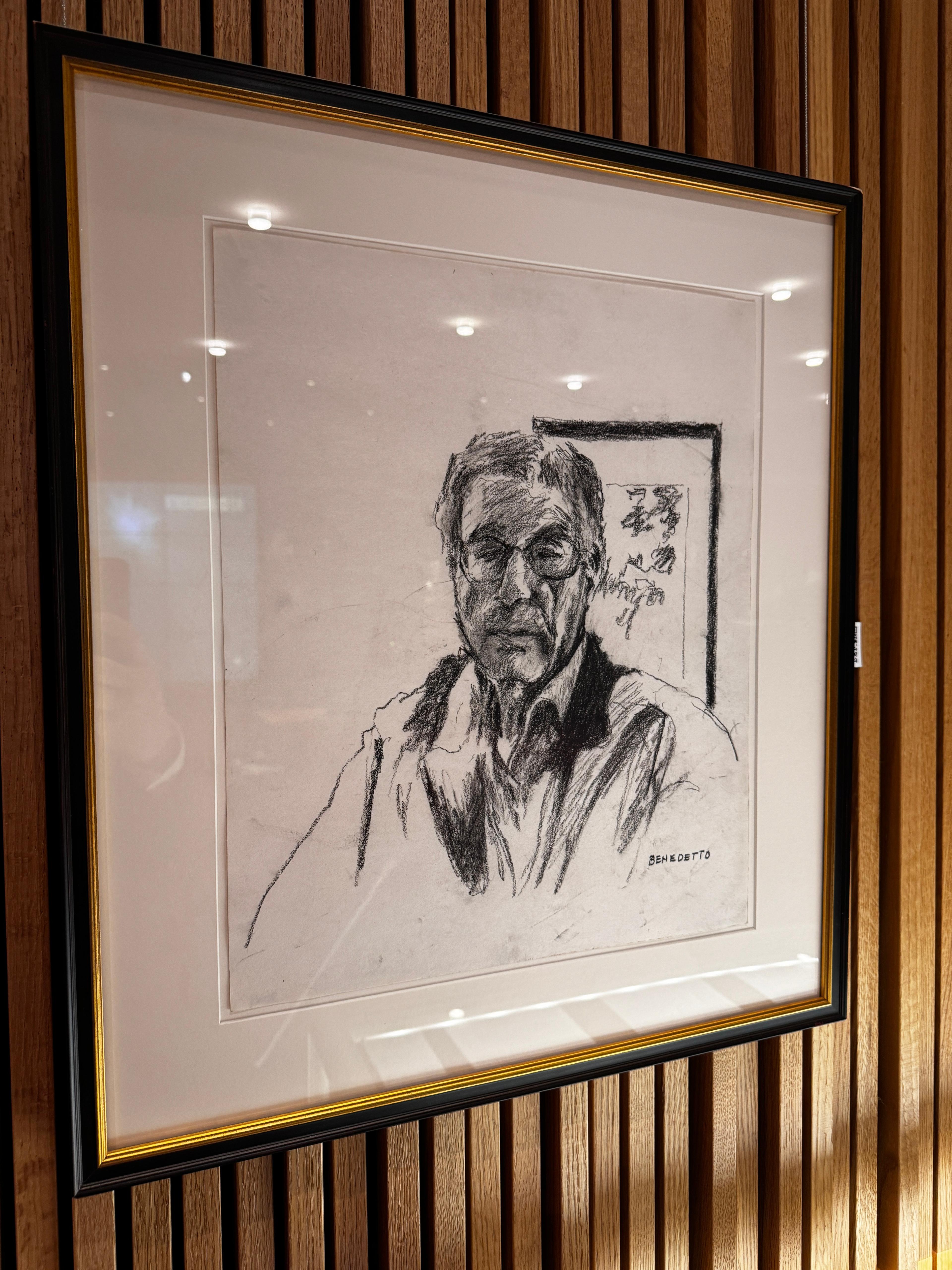 A framed black and white drawing