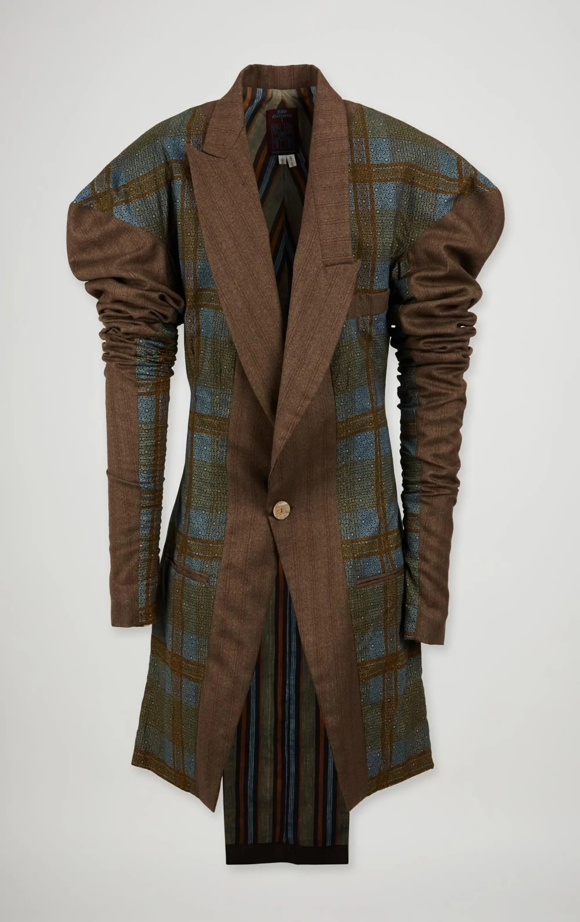 a brown and green full length suit jacket