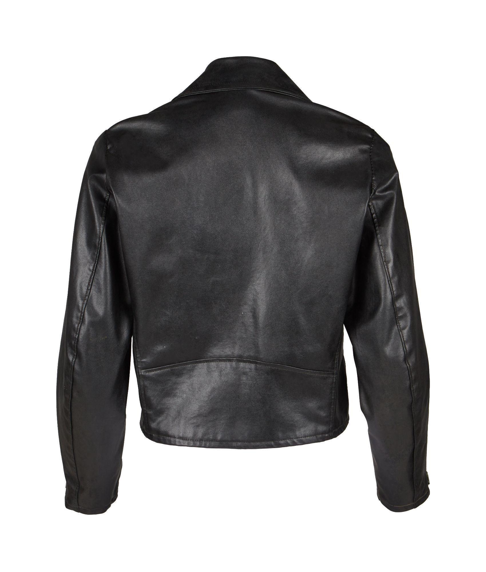 the back of a black leather jacket on a white background