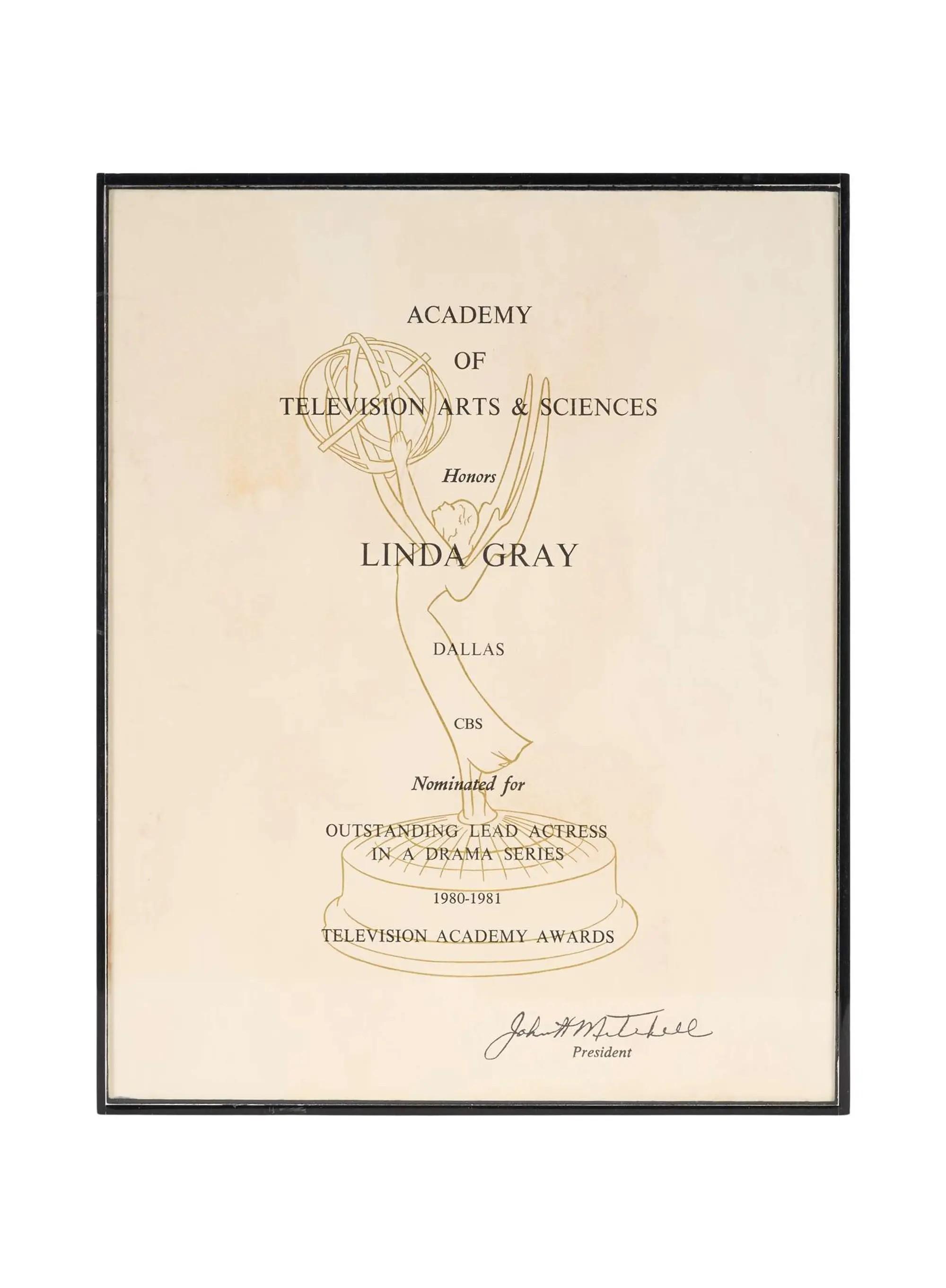Lot #80. Linda Gray | 1980-81 “Dallas” Emmy Nomination Certificate Lot #80 Linda Gray 1980-81 “Dallas” Emmy Nomination Certificate