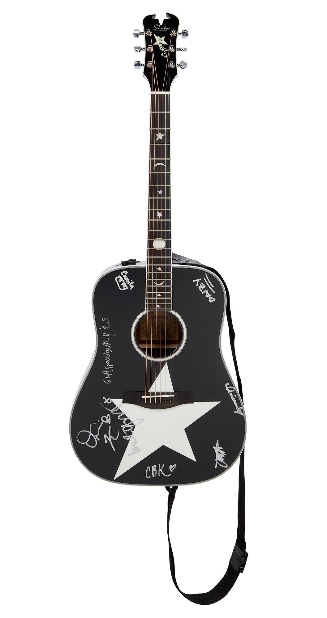 Robert Smith | Stage Played and Signed Glastonbury 2025 Olivia Rodrigo Performance Schecter Acoustic Guitar, Black and White Star Graphic A black acoustic guitar with a white star on its body, covered in white signatures, and a black strap.