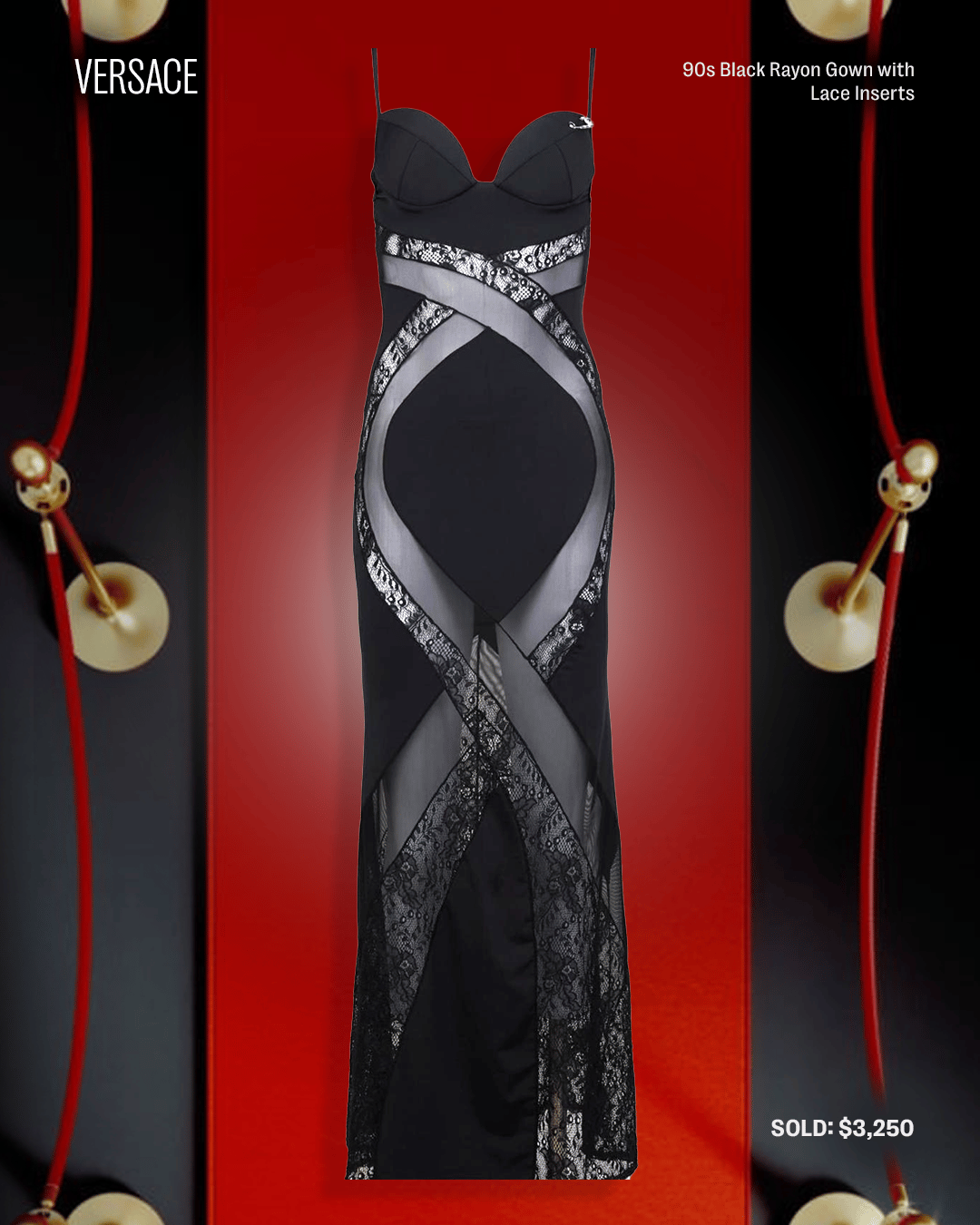 a black versace dress with lace inserts on a red background