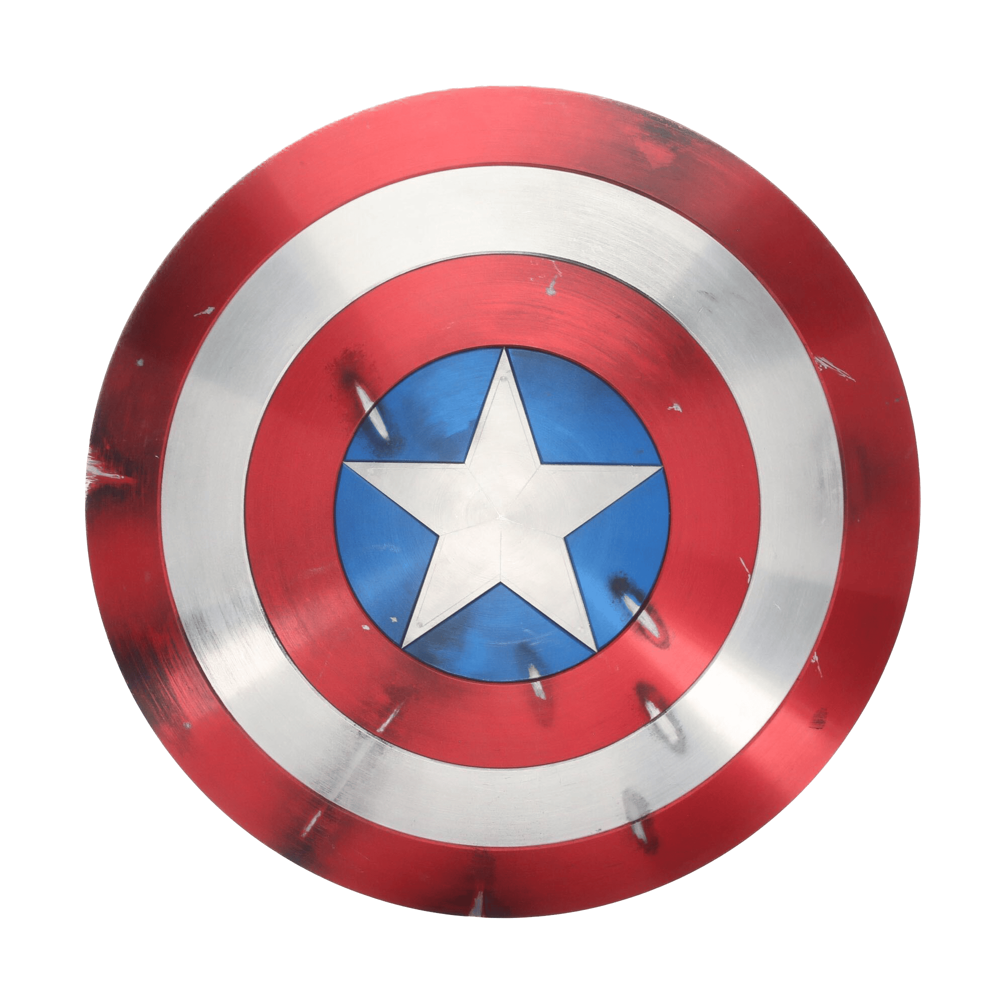 Captain America's shield prop from The Avenger's films. The shield features a silver star on a blue field in the center, encircled by 3 alternating red and silver rings. There are marks on the shield to indicate battle damage.