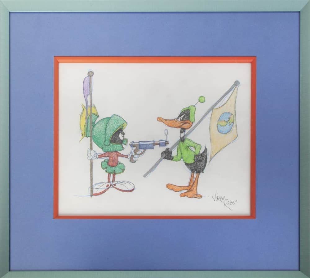 VIRGIL ROSS SIGNED DRAWING OF MARVIN THE MARTIAN AND DAFFY DUCK