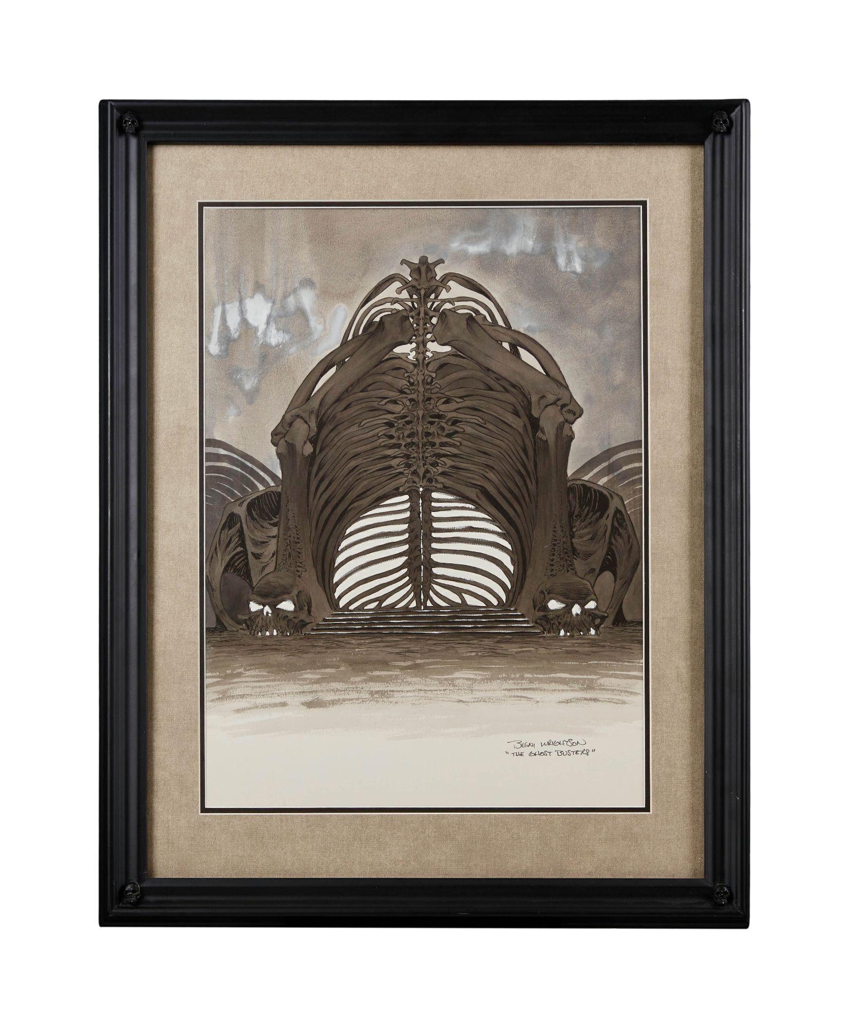 Lot #420. Ghostbusters | Bernie Wrightson "The Gates of Hell" Original Concept Artwork a drawing of a skeleton in a black frame