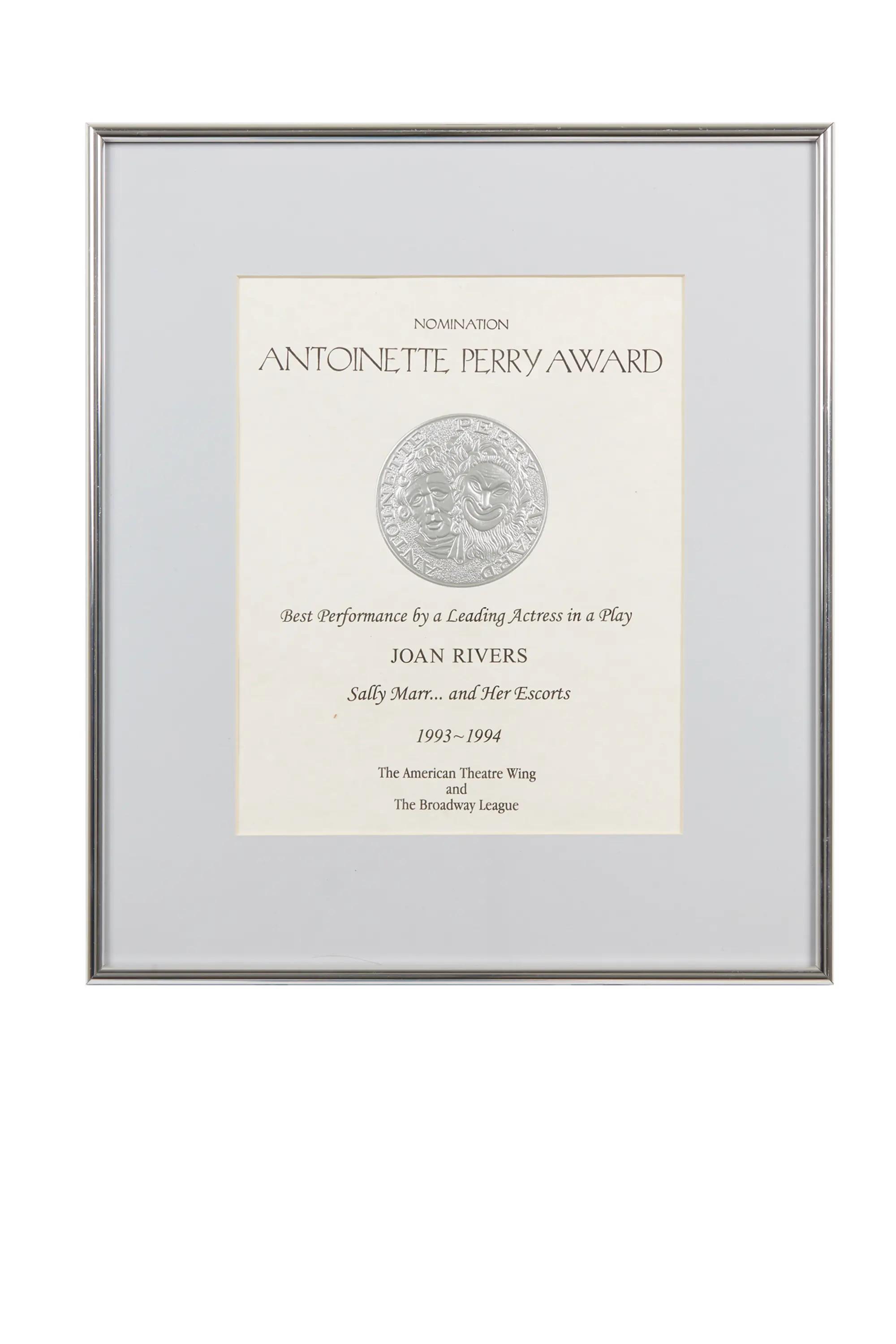 Lot #52 | Photo-Matched "Sally Marr...and Her Escorts" Tony Nomination Certificate Lot 52 Joan Rivers Photo-Matched "Sally Marr...and Her Escorts" Tony Nomination Certificate