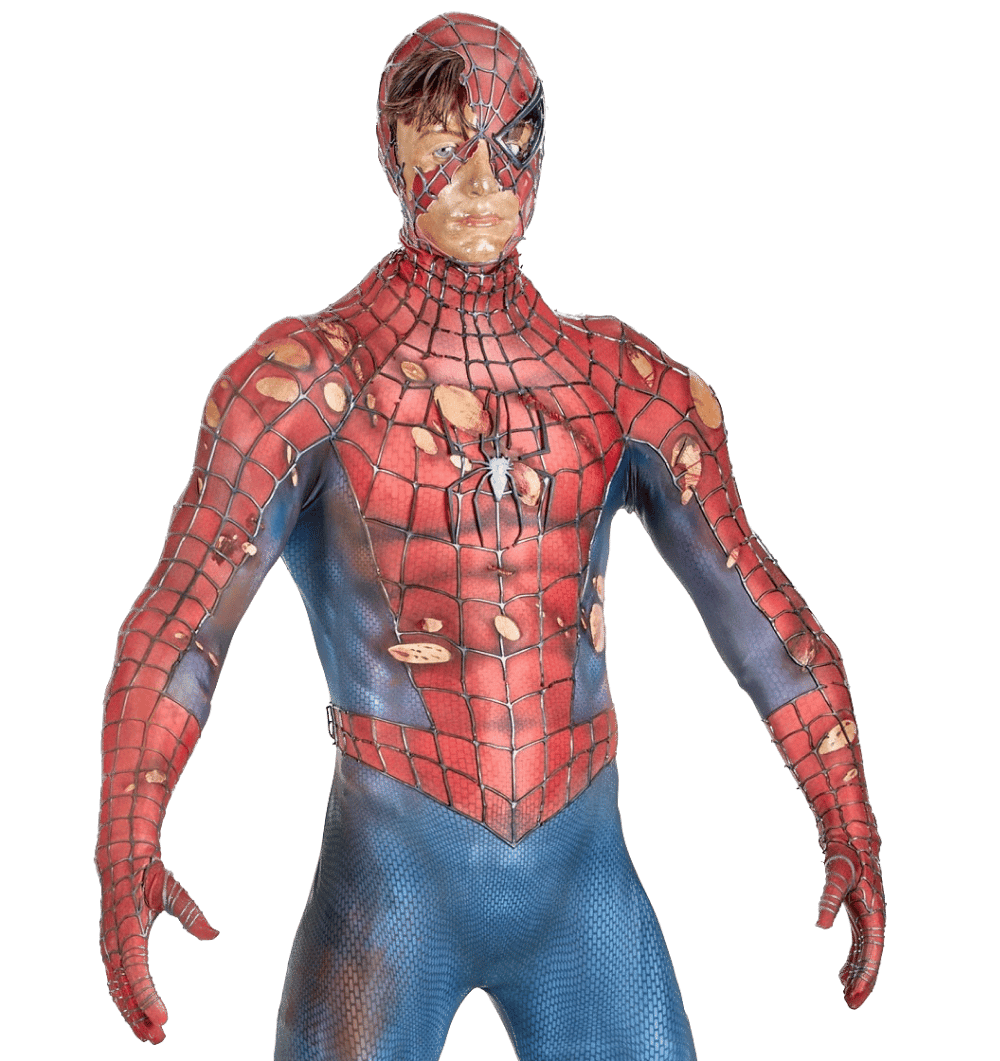 A Spiderman prop featuring uniform damage to portray an injured Spiderman after a fight