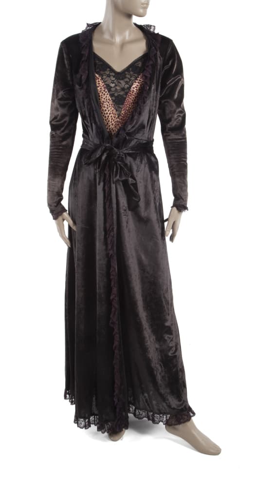 ELVIRA SCREEN-WORN BLACK VELVET ROBE AND LEOPARD AND LACE BODYSUIT FROM " ELVIRA: MISTRESS OF THE