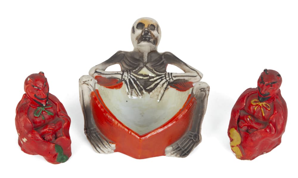 ELVIRA CERAMIC SKELETON ASHTRAY AND DEVIL SALT AND PEPPER SHAKERS