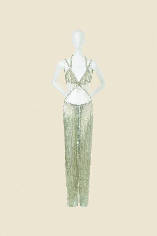 cher beaded dress Cher Gown – Beaded Rainbow Fringe Open Back Halter Neck Dress | Custom &  Ready-to-Wear main image 1