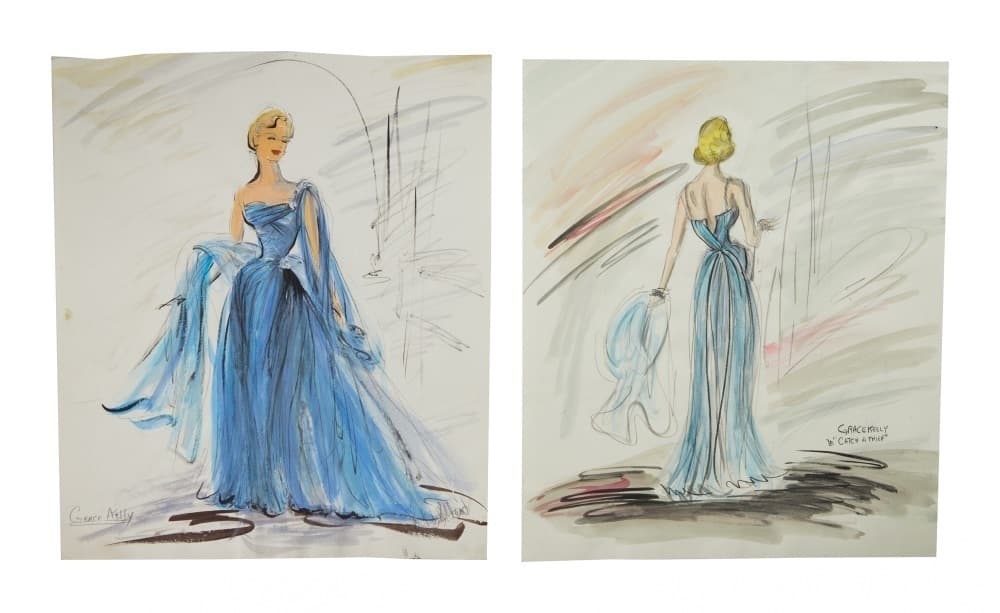 GRACE KELLY: "TO CATCH A THIEF" EDITH HEAD SIGNED AND ANNOTATED ORIGINAL  "FRANCES STEVENS" BLUE GOWN
