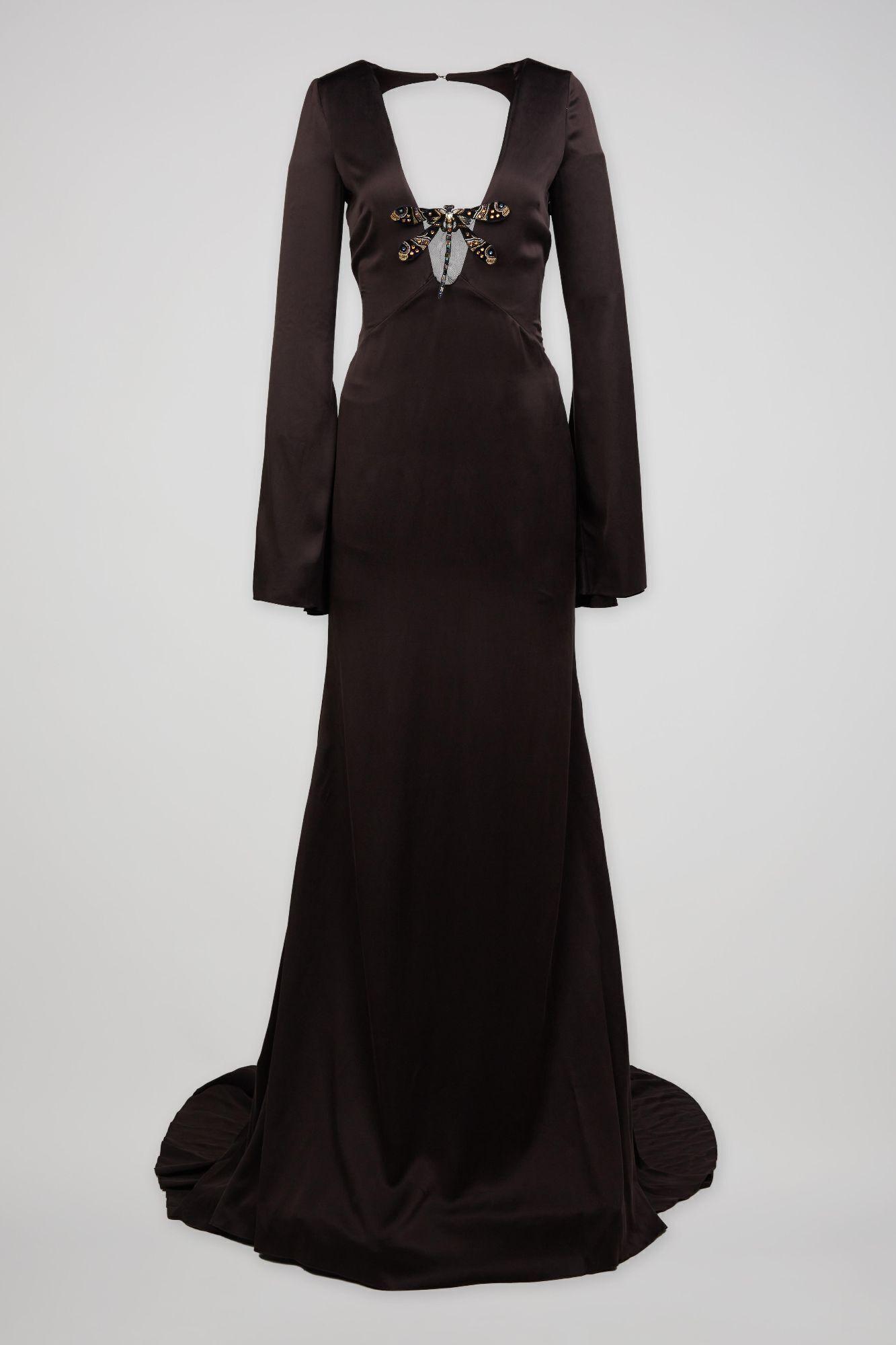 Roberto Cavalli | Bias-Cut Brown Silk Embellished Evening Gown