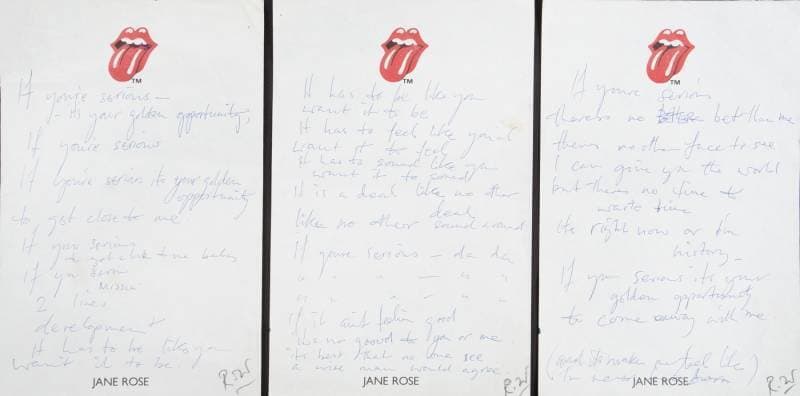 RONNIE WOOD HANDWRITTEN AND SIGNED LYRICS