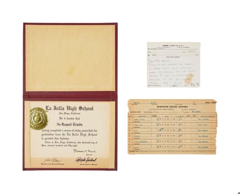 Raquel Welch | La Jolla High School 1958 Diploma and Report Card